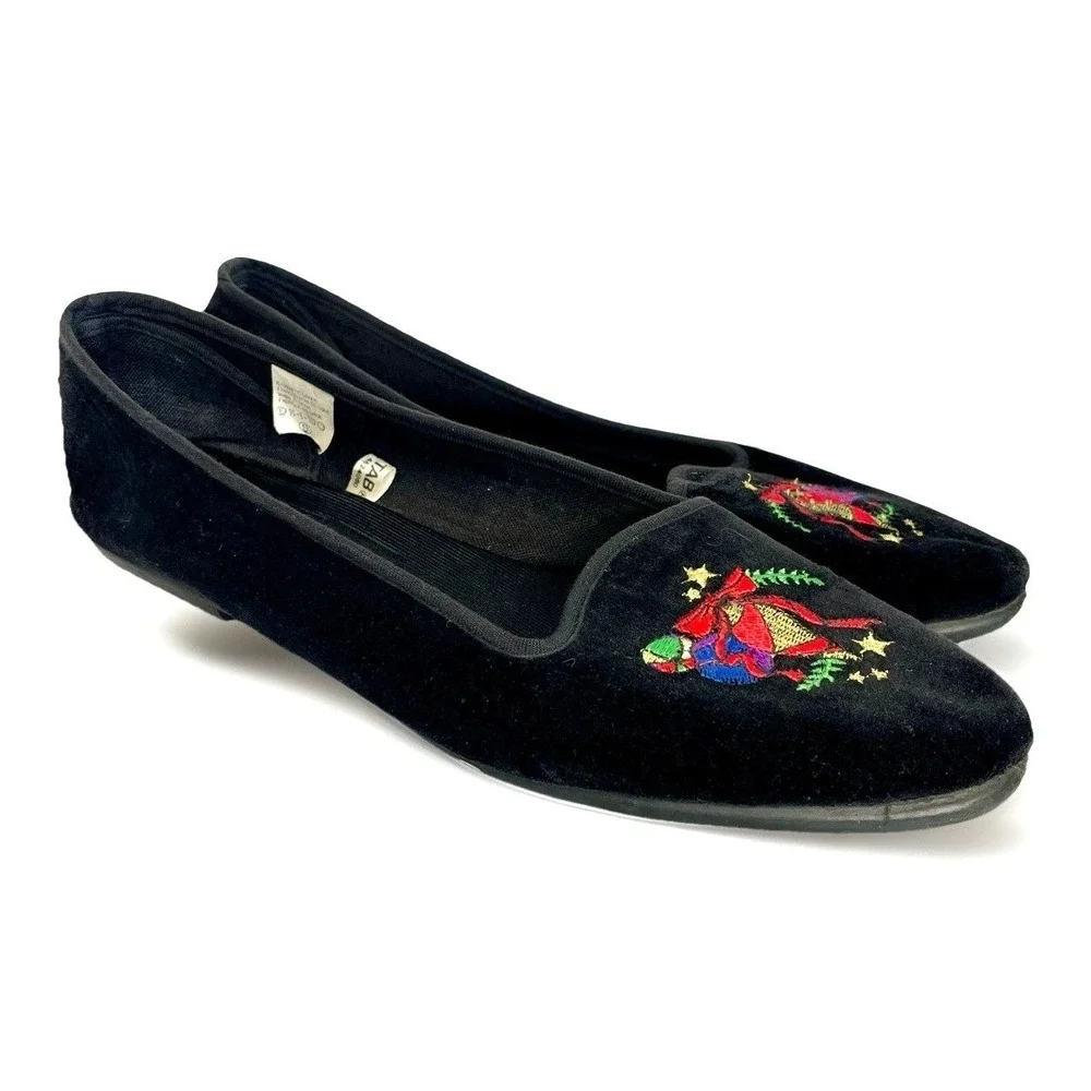 Tinsel Toes‎ Womens Black Velvet Holiday Christmas Bell Embroidered Flats Size 9